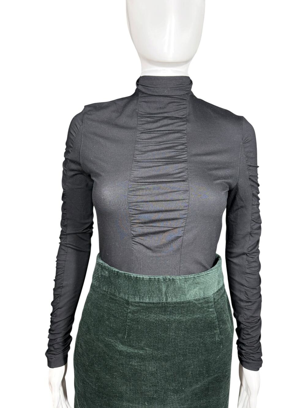 Akris Black Semi Sheer Ruched Mock Turtleneck Jersey Top XS